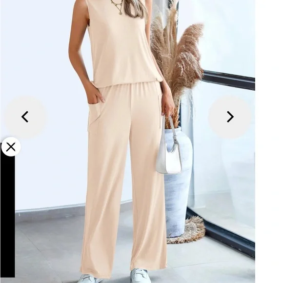 Pretty Garden Ribbed Wide leg Pant and tank set Summer Oatmeal NWT SIZE XLARGE - Picture 1 of 6